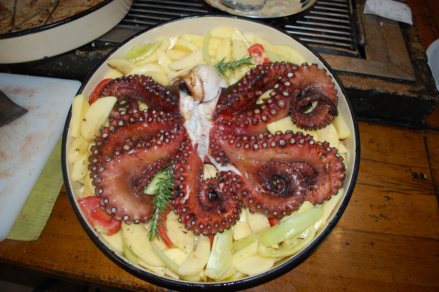 Slaganje hobotnice, krumpira i povrća u tepsiju