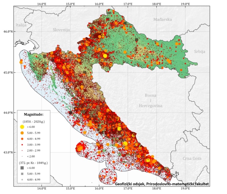 Karta epicentara oko 40000 potresa s epicentrom u Hrvatskoj od prije Krista do 2020. godine Izvor PMF
