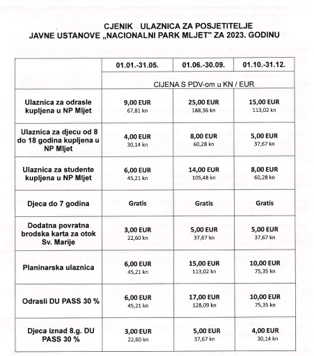 Cjenik ulaznica za posjetitelje NP Mljet 2023