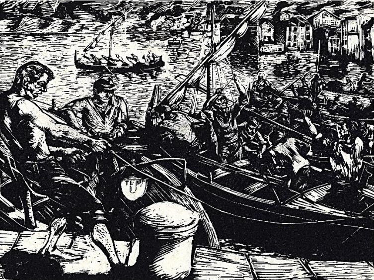 Mirko Kujačić, Armaju brodove za noćni lov, drvorez litografija, 1934