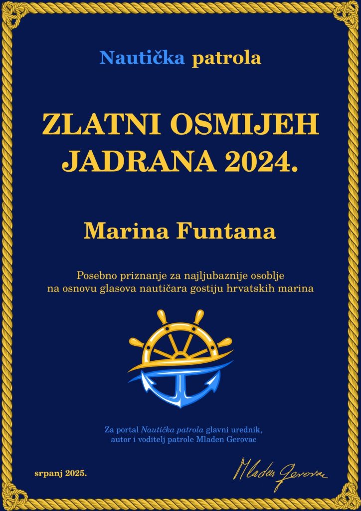 Priznanje Zlatni osmijeh Jadrana za 2024 godinu dobila je glasovima nautičara za ljubaznost osoblja Marina Funtana