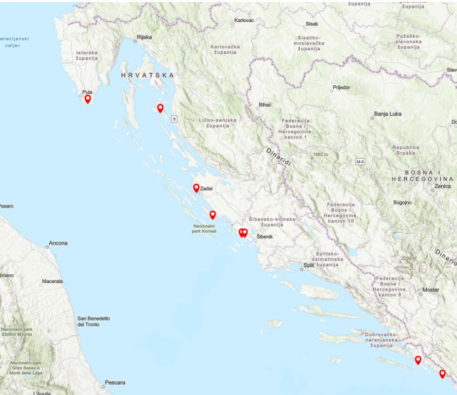Mjesta na Jadranu gdje je opažena napuhača / Izvor: Institut za oceanografiju i ribarstvo